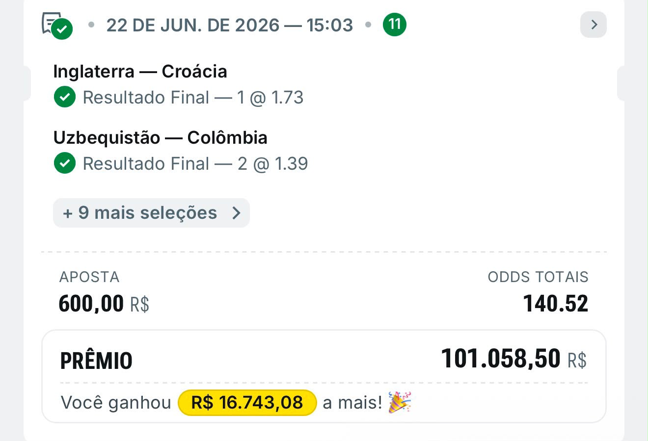 Bilhete premiado — Múltipla de 11 seleções, retorno de R$ 101.058,50